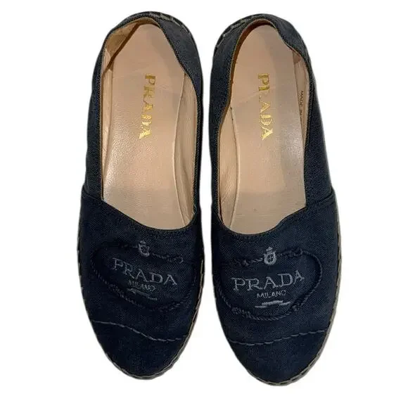 Prada Logo Blue Denim Espadrilles Size 37 Designer Slip On Flats Authentic - Picture 3 of 12
